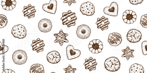 Cookie pattern on white, hand drawn illustration.
