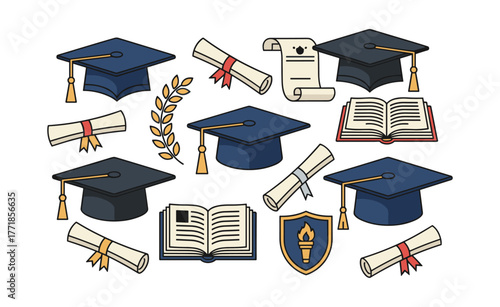 Education and graduation process with academic symbols illustration