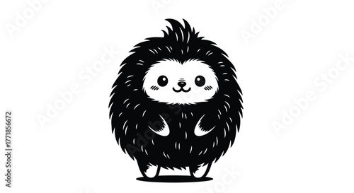 A cute, fluffy black hedgehog character stands on a white background.