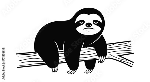 A stylized black sloth hangs languidly from a branch, looking uninspired.