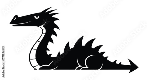 A stylized black dragon silhouette with sharp spines and a pointed tail is depicted against a white background.