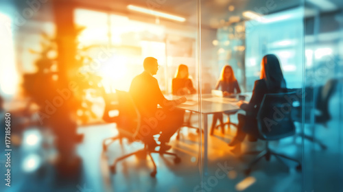 People silhouettes working together in office conference room at sunrise, business strategy teamwork brainstorming