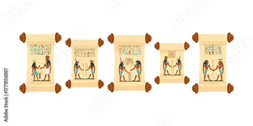 Egyptian gods and pharaohs on ancient papyrus scrolls