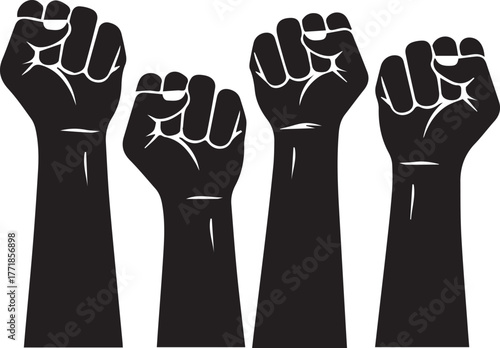 Four raised black fists symbolizing unity strength and human rights activism celebration