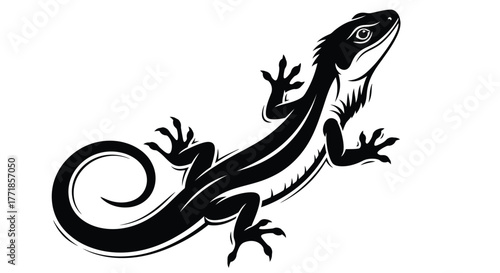 A stylized black and white illustration of a lizard against a white background.