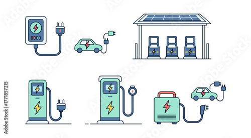 Set of electric vehicle charging icons for eco friendly mobility solutions