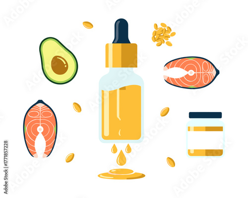 Omega 3 fatty acids concept with fish oil, salmon, avocado, capsules