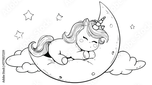 Adorable Kawaii Unicorn Sleeping on Moon Coloring Page Vector Design