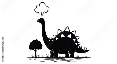A silhouetted dinosaur stands in a field with a thought bubble above its head next to a tree.