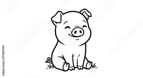 A cute cartoon pig sits happily on the grass with its eyes closed.