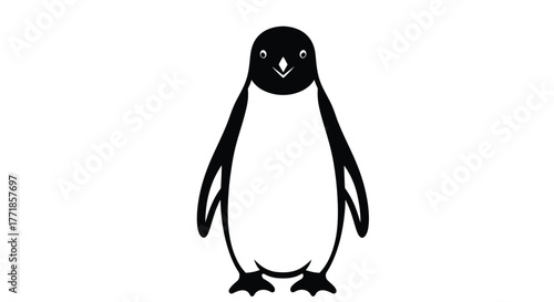 A stylized black and white illustration of a penguin standing upright with flippers at its sides.