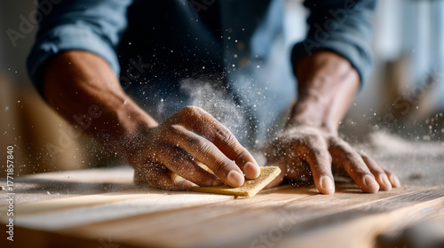 Homeowner sanding door edges for smoother fit. A close-up of a persons hands using sandpaper to smooth a wooden door edge. The light is warm and even, with dust particles visible