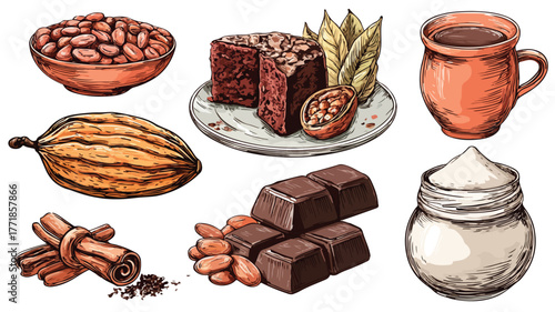 Delicious Cocoa Products: Dried Beans & Chocolate Cake Vector