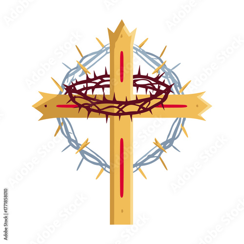 Christian cross with crown of thorns and barbed wire
