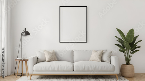 Modern Living Room Wall Art Mockup – Minimalist Poster Frame Above Sofa Interior Scene