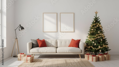 Christmas Living Room Wall Mockup – Cozy Farmhouse Holiday Interior with Sofa, Trees, and Blank Wall for Artwork Display