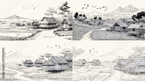 Rural village landscape illustration with rice fields, wooden houses, and mountains. Detailed hand-drawn black and white sketch depicting peaceful traditional countryside life.