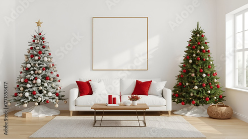 Christmas Living Room Wall Art Mockup – Cozy Holiday Interior with Sofa, Tree, Gifts and Dual Blank Frames for Art Display