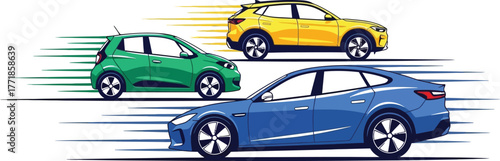 A trio of colorful cars speeding ahead, showcasing a diverse range of automotive styles and modern transportation isolated on white background