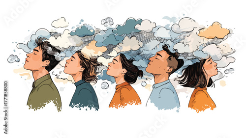 Dreamy People Characters - Heads in Clouds Vector Illustration