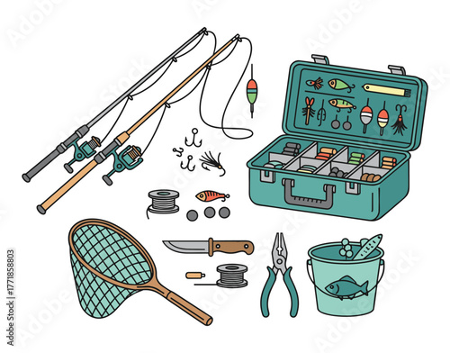 Fishing gear collection for outdoor hobby and angling