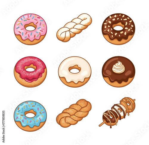 Sweet tasty colorful donuts and pastries illustration set