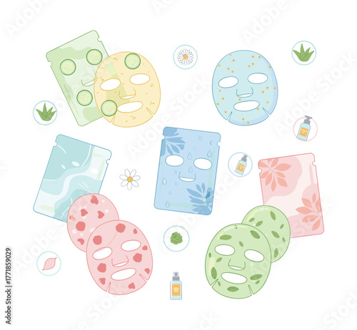 Various cosmetic facial sheet masks concept