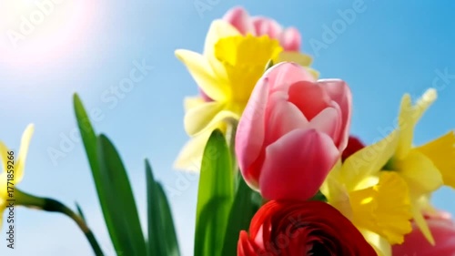 Vibrant bouquet of tulips and daffodils against a bright blue sky