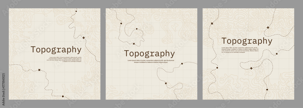 Fototapeta premium Vector illustration. Topographic concept. Set of minimal square banner. Retro graphic. Map with marks and trails. Line art pattern design. Design for web banner, blog post, social media template