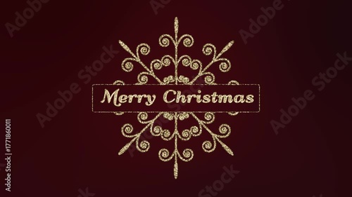 A shimmering golden snowflake made of particles on a dark red background in the middle of a Merry Christmas text. Animated Christmas greetings.