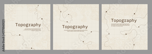 Vector illustration. Topographic concept. Set of minimal square banner. Retro graphic. Map with marks and trails. Line art pattern design. Design for web banner, blog post, social media template