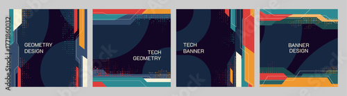 Vector illustration. Banner template. Polygonal tech shapes and lines. Design elements for social media template, blog post, web banner. Trendy geometry colorful background with halftone dots