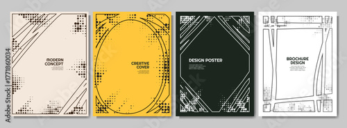 Vector illustration. Messy geometric linear background. Design element for poster, book or magazine cover, layout, flyer. Different shapes line border with halftone dots. Vintage hand drawn style