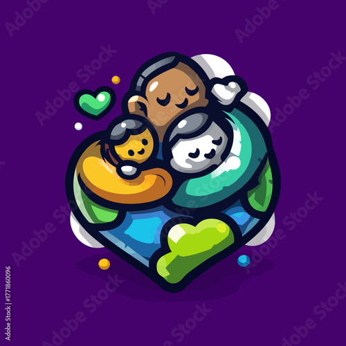 Diverse family embracing in a heart-shaped world, symbolizing global love, unity, and care. Cute cartoon illustration.