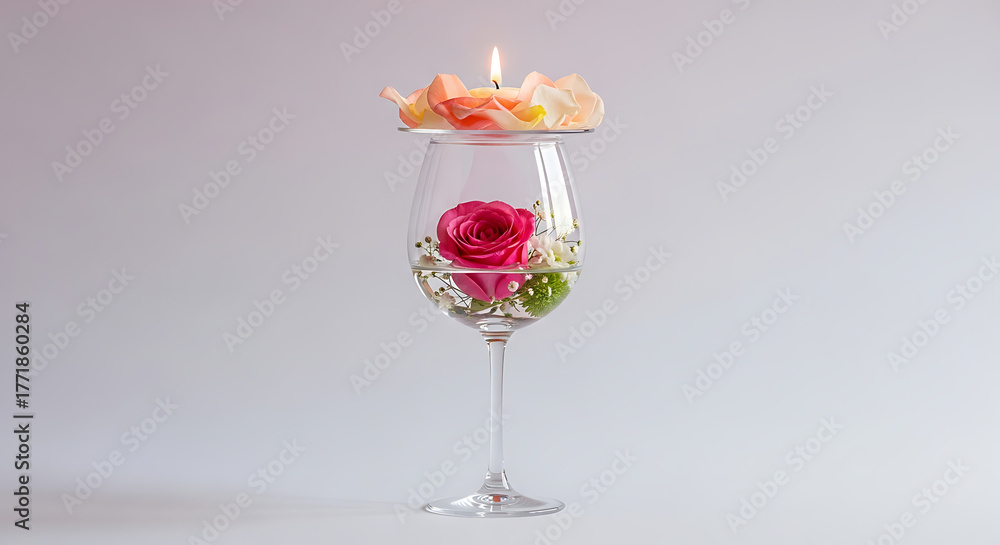 Obraz premium A single lit candle with flower petals on top, placed inside a wine glass with a pink rose and small white flowers, isolated on white background