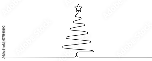 Continuous line drawing of a Christmas tree with a star on top. Festive pine tree and gift box in a simple line style. Vector illustration.