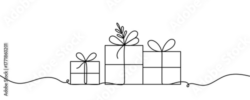 Continuous line art of a Christmas or holiday gift. Minimalistic single-line style. Vector illustration.
