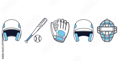 Baseball equipment set including helmets bat ball glove and catcher's mask in outline style