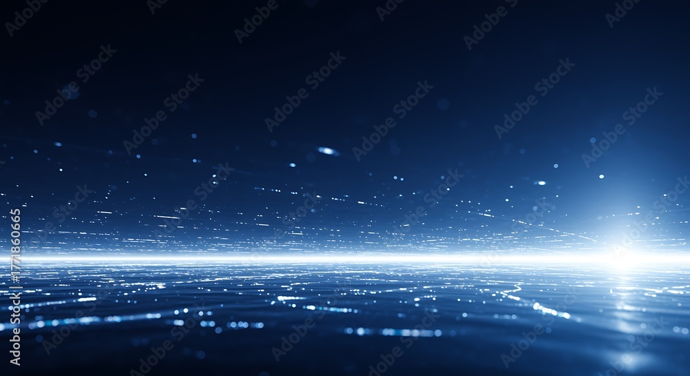 Fototapeta premium Abstract blue digital landscape with glowing light and particles