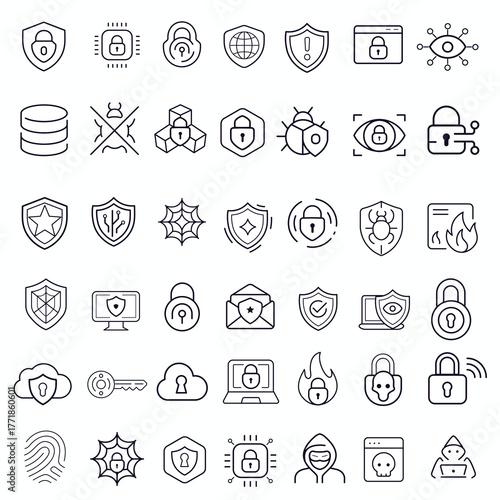 Thin line cyber security icon set — modern outline design for data protection, safety, and digital privacy concepts.