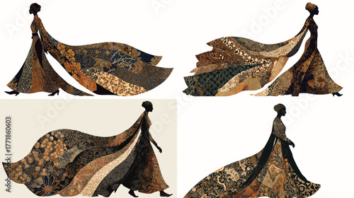 Elegant silhouette of a woman in a flowing traditional batik dress. Artistic fashion illustration combining cultural textile patterns with graceful movement and modern elegance.