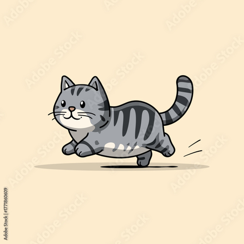 Adorable grey tabby cat illustration running happily. Cute cartoon kitten character playing with a cheerful expression, pet animal