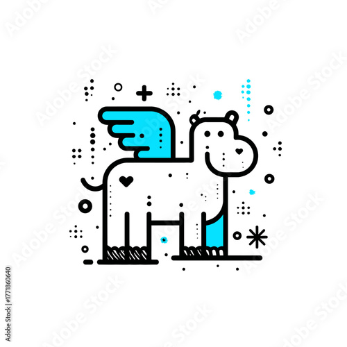 Whimsical flying hippopotamus with blue wings, modern abstract flat design animal illustration with geometric elements