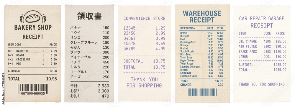 Obraz premium PNG Variety of printed receipts, element set on transparent background