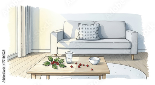 Watercolor illustration of a cozy living room with a sofa, coffee table, and festive holly decorations, expressing comfort and warmth.