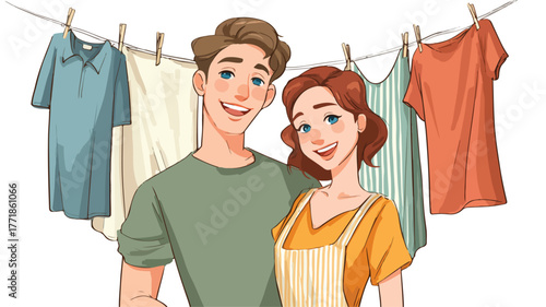 Happy Couple Holding Clean Clothes Laundry Day Concept Vector
