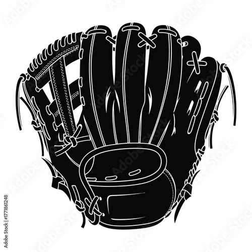 Striking black and white graphic illustration of a baseball glove on a clean white backdrop