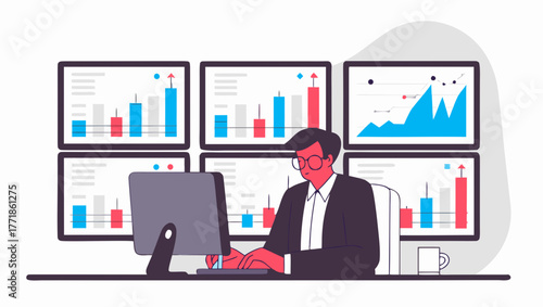 Financial analyst reviewing stock market data on multiple monitors