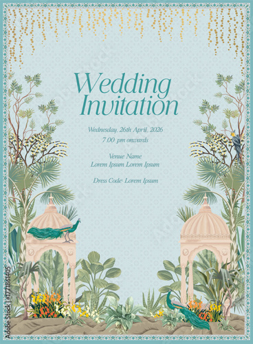 Luxury blue floral wedding invitation template with peacocks and tropical foliage.