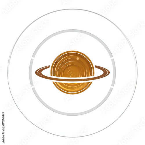 A brown planet with rings sits in a white circular design with a grey inner circle